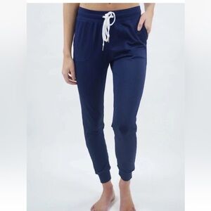 Zyia Navy Blue Cozy Jogger Pants Women’s Sz S Pockets Drawstring High Rise
